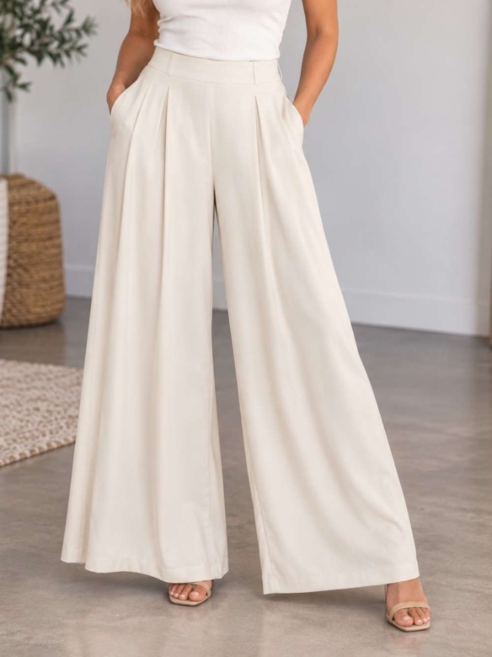 Pretty Garden Wide Leg Pants Women sSize Large Beige Old Money High Waist